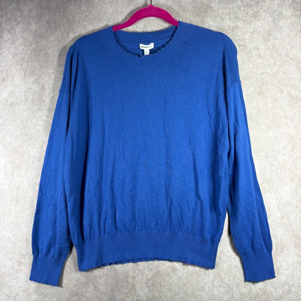 Minnie Rose Sweater Womens L Blue Royal Cari Pullover Cashmere Blend Distressed